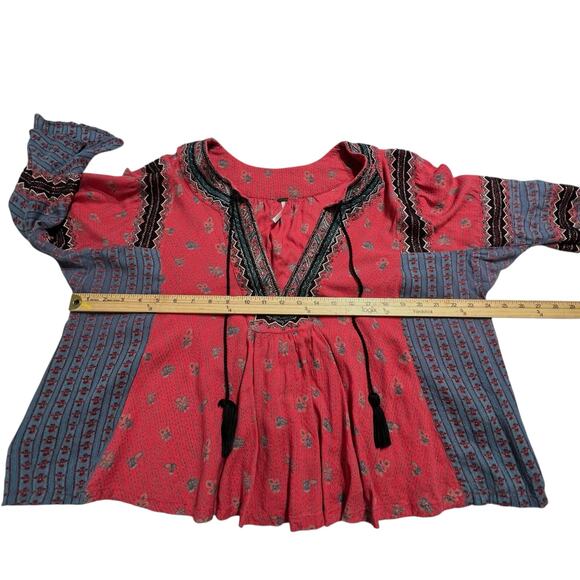 Free People Boho Peasant Top Medium Boxy Fit Embroidered Tassel Blouse - Picture 6 of 10